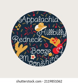 country music concept card with guitar, cowboy hat and text, vector design for paper, fabric and other surfaces