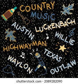 country music concept card with quote, star, microphone, vector design for paper, fabric and other surface
