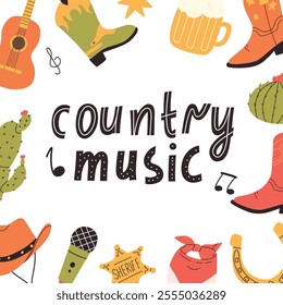 Country music concept. Lettering country music in hand drawn style with guitar. Vector illustration.