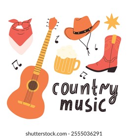 Country music concept. Lettering country music in hand drawn style with guitar. Vector illustration.