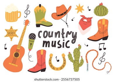 Country music concept. Lettering country music in hand drawn style with guitar. Vector illustration.