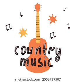 Country music concept. Lettering country music in hand drawn style with guitar. Vector illustration.