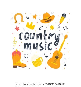 Concepto de música country. Conjunto de elementos de música country con estilo dibujado a mano. Ilustración vectorial de música Cowboy.