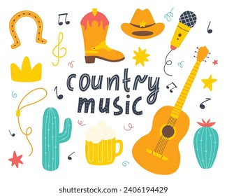 Country music concept. Set of country music elements in hand drawn style. Cowboy music vector illustration.