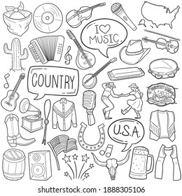 Juego de iconos del doodle Country Music. Colección de ilustraciones del vector de herramientas de música folclórica tradicional estadounidense. Estilo de arte de la línea trazada por la mano de los Estados Unidos.