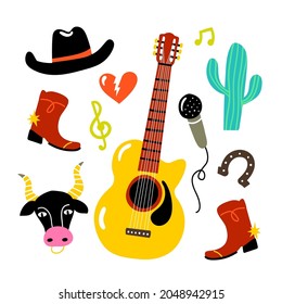 country music doodles set. Elements for web design, book illustration, social media web elements. Vector illustration.