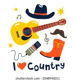 country music doodles set. Elements for web design, book illustration, social media web elements. Vector illustration.