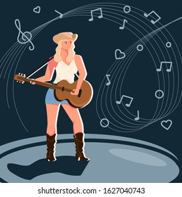 Country music female artist. Woman singer singing into a microphone. Modern poster performance. Flat Art Vector illustration