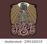 country music fest retro vintage design, vintage microphone with rose vector illustration, western country festival artwork for t shirt, sticker, poster, graphic print