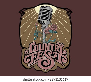 country music fest retro vintage design, vintage microphone with rose vector illustration, western country festival artwork for t shirt, sticker, poster, graphic print