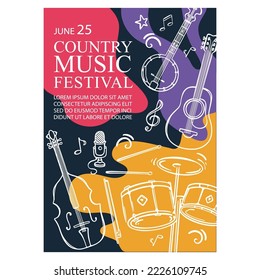 COUNTRY MUSIC FEST Vertical Banner Concert Poster With Cello Guitar Banjo And Drums Invitation Text On Abstract Colorful Background Hand Drawn Vector Sketch