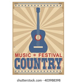 Country Music Festival Background With Acoustic Guitar.Vector Poster Illustration Isolated On White