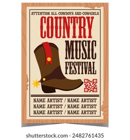 Country music festival banner or flyer with cowboy boot in the background. Vector invitation for live show, traditional concert or western culture event with South American ballads and folk lyrics.