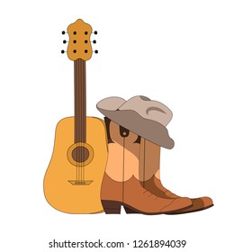 Country music festival concept. Vector isolated elements. Live, jazz concert poster with acoustic guitar, cowboy boots and hat.