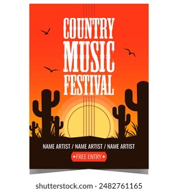 Cartel de invitación del festival de música de Country con cactus en el desierto sobre un fondo de atardecer. Anuncio o volante para conciertos tradicionales occidentales o eventos en vivo con baladas, melodías de baile y letras folclóricas.