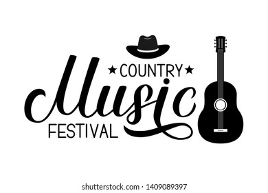 Country Music festival lettering with hat and guitar isolated on white. Acoustic guitar musical show typography poster. Easy to edit vector template for banner, sign,  flyer, invitation. 