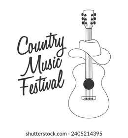 Letras del festival de música country y silueta de guitarra acústica y sombrero de vaquero. Cartel musical, ilustración en blanco y negro, vector