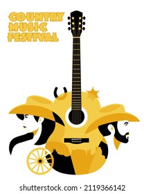 Country music festival poster. Composition with acoustic guitar, people faces in cowboy hat. Country girl, cowbow, wild west landscape. Illustration for music event.