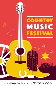 Country music festival poster. Composition with acoustic guitar, cowboy boots, wheel and musical symbols. Wild west landscape. Illustration for music event. Red background.