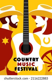 Country music festival poster. Illustration with acoustic guitar, people faces in cowboy hat, wild west elements. Country girl, bearded cowboy, west landscape. Illustration for music event.