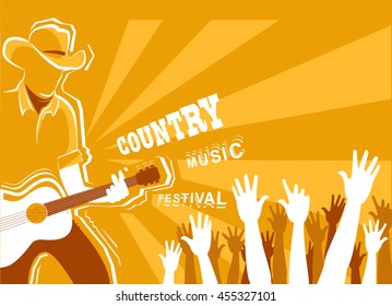 Country music festival poster with musician playing guitar.Vector background illustration