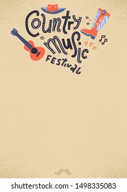 Country music festival poster on old paper background.Vector poster with acoustic guitar isolated on white