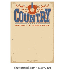 Country Music Festival Poster On Old Paper Background.Vector Poster With Acoustic Guitar Isolated On White