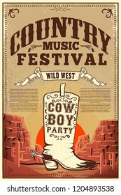 Country Music Festival Poster. Party Flyer With Cowboy Boots. Design Element For Poster, Card, Label, Sign, Card, Banner. Vector Image