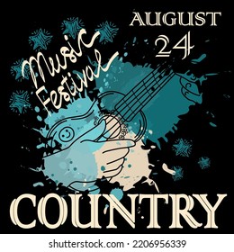 Country music festival poster template. Inspirational guitar concept, hand-drawn doodle. Small guitar. Music. Abstract Stains and Rice Inspiration. Fingering with fingers. 