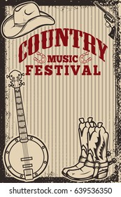 Country Music Festival Poster Template. Cowboy Hat, Cowboy Boots, Banjo. Vector Illustration