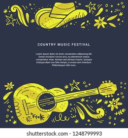 Country music festival retro poster vector template. Hand drawn live music concert, event banner concept. Acoustic guitar, cowboy hat grunge cliparts and text space. Color western vintage illustration