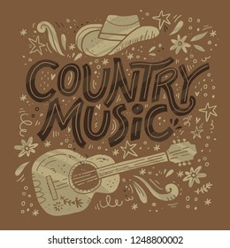 Country Music Festival Retro Poster Vector Template. Hand Drawn Lettering. Cowboy Fest Banner, Invitation Concept. Acoustic Guitar, Cowboy Hat Grunge Cliparts. Color Western Vintage Illustration