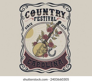 country music festival retro vintage vector design, western folk fest vector artwork for t shirt, sticker label, banjo with rose, carolina cowboy music, vintage typography design 