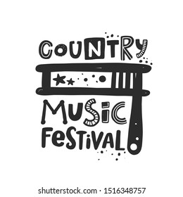 Country music festival vector banner template. Ratchet silhouette with stylized lettering. Cultural entertainment. Musical instrument with ink drops. Poster design element.