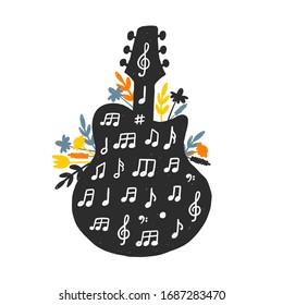 Country music festival vector banner template. Guitar silhouette with herbs and flowers. Cultural entertainment. Musical instrument with ink drops. Poster design element.