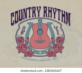 diseño vintage del festival de música country, arte de música occidental retro vintage, guitarra con diseño folclórico rosa para camiseta, pegatina, afiche, impresión gráfica