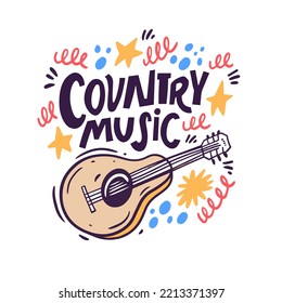 Country Music hand drawn doodle colorful vector illustration. Isolated on white background.