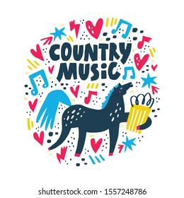 Country music hand drawn lettering in abstract frame. Funny horse drinking beer scandinavian style illustration with doodle drawings. Musical festival postcard, textile decorative print