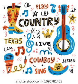 Country music handdrawn illustration for postcards or festival banners. Vector concept.