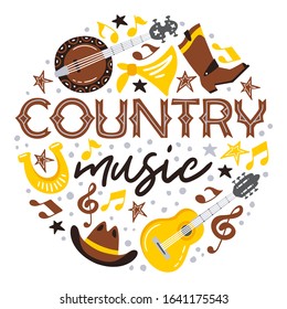 Country music handdrawn illustration for postcards, posters, prints. Vector concept. 