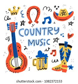 Country music handdrawn illustrations for postcards - vector concept.