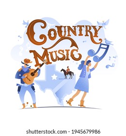 Country music. Hands-drawn music poster, vector gradient. Handed inscription, image of a cowboy with guitar and girls with the image of notes as well as the state of Texas.
