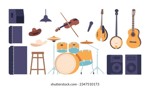 Country Music Icons Set Features Cowboy Hats, Guitars, And Banjo, Violin, Drum Kit, Stool and Dynamics, Vector