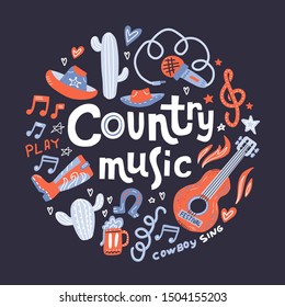 Country music. Illustration with acoustic guitar and hand lettering. Great elements for music festival or t-shirt. Vector concept in flat style