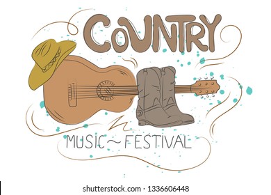 Country music illustration with guitar, cowboy shoes and hat. Hand drawn vector elements.