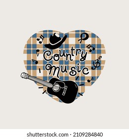 country music illustration with guitar, cowboy hat and text, vector design for paper, fabric and other surface