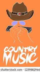 Country music illustration set for postcards or festival banners. Man playing harmonica in american cowboy hat and glasses.