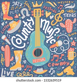 Country music illustration set for postcards or festival banners. Guitar with hand written lettering. Vector hand drawn simple dark concept