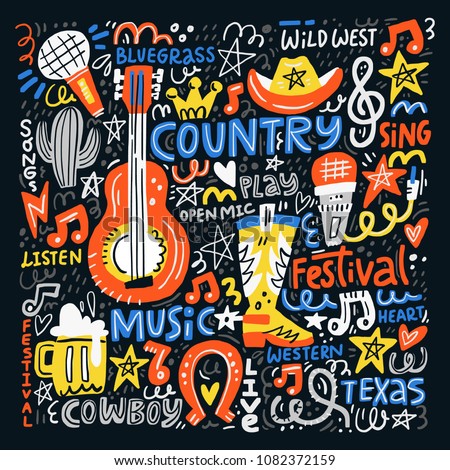 Country music illustration set for postcards or festival banners. Vector handdrawn concept.