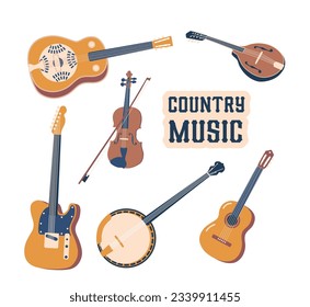 Los Instrumentos De Música De País Incluyen Guitarra, Fiddle, Banjo O Mandolin Aislados En Fondo Blanco, Ilustración Vectorial